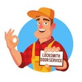 Emergency Locksmith Service Vector. Professional Locksmith Mechanic Work. Flat Cartoon Illustration