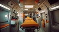 Emergency medical devices, ambulance interior details with necessary patient care equipment. Basic emergency for quick health help