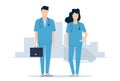 Emergency medical service. Doctors man and woman rush to the rescue. Vector illustration Royalty Free Stock Photo