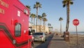 Emergency medical service vehicle. Fire department ambulance car. Paramedic rescue California USA Royalty Free Stock Photo