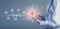 Emergency Medical Services concept. Doctor hand holding tablet and icon emergency medical network connection  on virtual screen Royalty Free Stock Photo