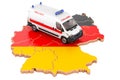 Emergency medical services in Germany. Ambulance van on the German map. 3D rendering