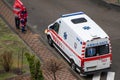 Emergency medical vehicle. 103 Ukrainian ambulance on the street.