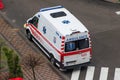 Emergency medical vehicle. 103 Ukrainian ambulance on the street.