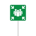 Emergency meeting point green sign on pole, vector illustration