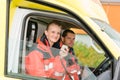 Emergency paramedic in ambulance car talk radio Royalty Free Stock Photo