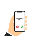 Emergency phone call. Vector illustration. Hand holding phone. Vector smartphone with emergency calling. Mobile phone mockup. Royalty Free Stock Photo