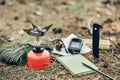 Emergency preparation equipment on the grass Royalty Free Stock Photo