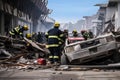 Emergency responders working amidst wreckage. Generative AI