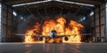 Emergency response drill involves a plane and large fire in a hangar during training exercise Royalty Free Stock Photo