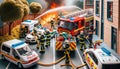 Emergency response with firefighters, police, and fire truck Royalty Free Stock Photo