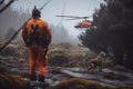 emergency response team responding to landslide in remote area, with rescue helicopters and search dogs on standby