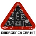 Emergency road kit items set. Car service and repairing equipment. Auto mechanic tools. Ice scraper and jumper cables. Triangle wa