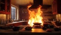 An emergency scenario incident in a household kitchen involving fire, flames, and smoke presents a significant safety risk