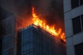 Emergency Scene: Intense Fire Rages Through Office Building Royalty Free Stock Photo