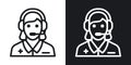 Emergency service, ambulance call or operator icon. Young woman with a headphone takes a call. Simple two-tone vector