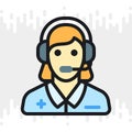 Emergency service, ambulance call or operator icon. Young woman with a headphone takes a call. Simple color version on
