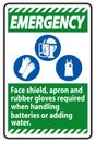 Emergency Sign Face Shield, Apron And Rubber Gloves Required When Handling Batteries or Adding Water With PPE Symbols