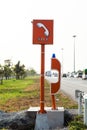 Emergency SOS phone sign and phone box on highway Royalty Free Stock Photo