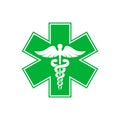 Emergency star - medical symbol Caduceus Green snake with stick icon isolated on white background