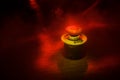 Emergency stop button, Disaster protection. Industrial concept. Red button on table in dark low key background Royalty Free Stock Photo