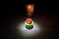 Emergency stop button, Disaster protection. Industrial concept. Red button on table in dark low key background Royalty Free Stock Photo