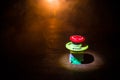 Emergency stop button, Disaster protection. Industrial concept. Red button on table in dark low key background Royalty Free Stock Photo