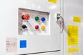 emergency switch and selector switch with color status lamp signal on control panel of machine Royalty Free Stock Photo