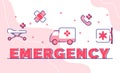 Emergency typography word art background of ambulance bed bandage telephone with outline style