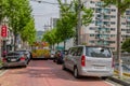 Emergency vehicle on crowed city street