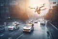 emergency vehicle with sirens blaring, surrounded by swarm of autonomous drones carrying medical supplies Royalty Free Stock Photo