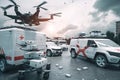 emergency vehicle with sirens blaring, surrounded by swarm of autonomous drones carrying medical supplies