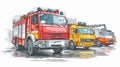 Emergency Vehicles Fighting Fire - Action Scene with Firefighting Service in Use Royalty Free Stock Photo