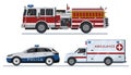 Emergency vehicles. Fire truck, ambulance and police car