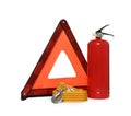 Emergency warning triangle, towing strap and red fire extinguisher on white background. Car safety Royalty Free Stock Photo