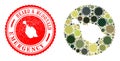 Emergency Watermark Badge and Covid Virus Mosaic Inverted Heard and McDonald Islands Map in Camouflage Army Color Hues