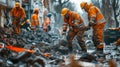 Emergency Workers Collaboratively Clearing Rubble Post-Disaster, Showcasing Teamwork in a Crisis Royalty Free Stock Photo