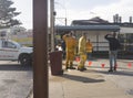 Emergency workers and fire damaged restaurant