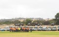 Emergency workers meeting with army in background