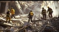 Emergency workers sift through the debris searching for any survivors buried under the ruined buildings