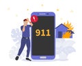 Emergeny call 911 concept with man panic calling with house burning with fire with modern flat style Royalty Free Stock Photo