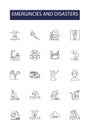 Emergincies and disasters line vector icons and signs. Emergency, Disaster, Flood, Fire, Earthquake, Tsunami, Storm