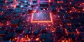 Emerging Technology: Neon Data Flows, CPU, and Microchip Symbols. Concept Neon Data Flows, CPU,