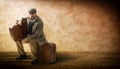 Emigrant with cardboard suitcases. Royalty Free Stock Photo