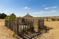 Emigrant graveyard in front of Chimney Rock, a prominent rock formation along the Oregon Trail, Bayard, Nebraska, USA