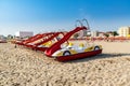 Emilia-Romagna, Italy, boats on the beach. The famous resort of Rimini