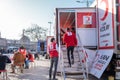 Eminonu, Istanbul, Turkey - 02.26.2021: volunteers and workers of blood donation. Translation: Turkish Red Crescent Blood Donation