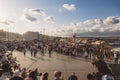 Eminonu Square at sunset with people or tourists and fish sandwich boats