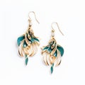 Emir Inspired Gold Earrings With Green Metal Leaves