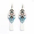 Emir-inspired White And Blue Dangle Earrings With Colorful Floral Designs
